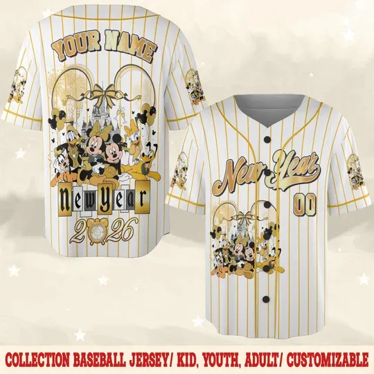 Discover Personalized Disney Mickey & Friends Castle New Year 2026 Baseball Jersey, Custom Happy New Year Jerseys, Family Disneyland