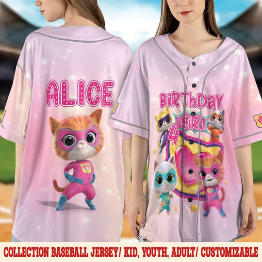 Discover SuperKitties Birthday Baseball Jersey for Girls, Custom Name & Age Kids Jersey, Pink Purple Cartoon Birthday Baseball Shirt JCTD08