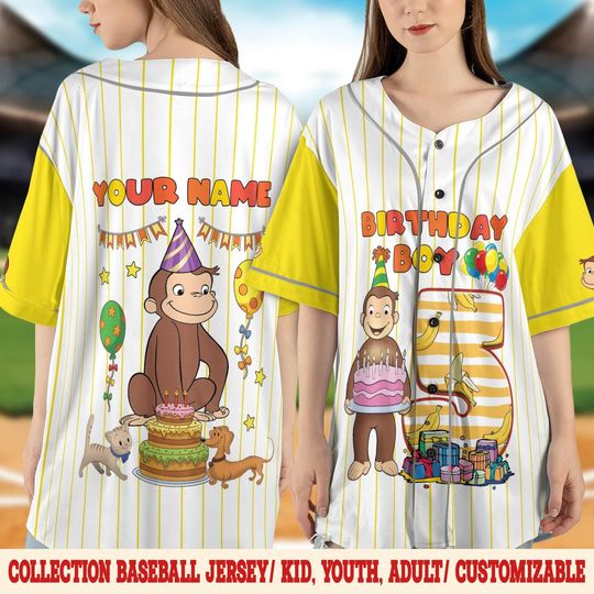 Discover Curious George Birthday Baseball Jersey, Custom Name & Age Kids Jersey, Monkey Birthday Shirt for Boys, Cartoon Baseball Outfit JCTD07