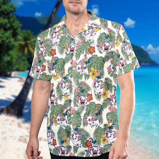 Discover Retro 70s Pua And Hei Hei Floral Hawaiian Shirt, Disney Moana Hawaii Shirt, Disneyland Trip Outfit, Disney Moana Shirt, Moana Button Up