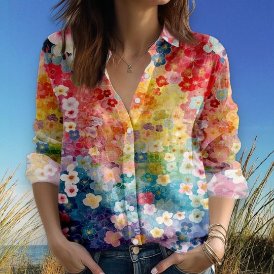Discover Colorful Floral Blouse Shirt, Linen Look Button Up Top for Women, Boho Beach Flower Print Shirt, Lightweight Spring Summer Vacation Gift