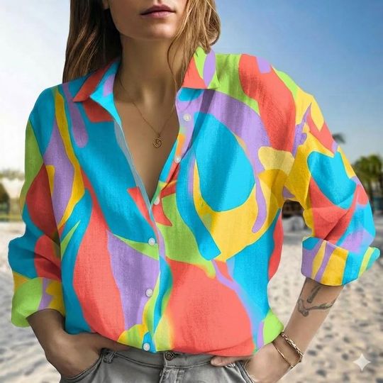 Discover Abstract Art Blouse, Colorful Modern Boho Shirt, Artistic Button Up Top, Vintage Summer Beach Wear, Creative Graphic Women Tops, Art Gift