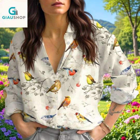 Discover Cottagecore Birds and Flowers Shirt, Tropical Bird Blouse Women, Nature Lover Retro Button Shirt, Summer Gift