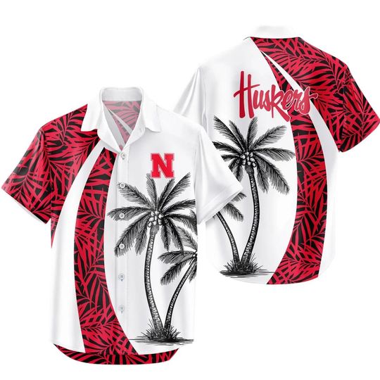 Discover Tropical Palm Tree Hawaiian Shirt, Red and White Floral Design, Casual Button-Up Shirt for Men