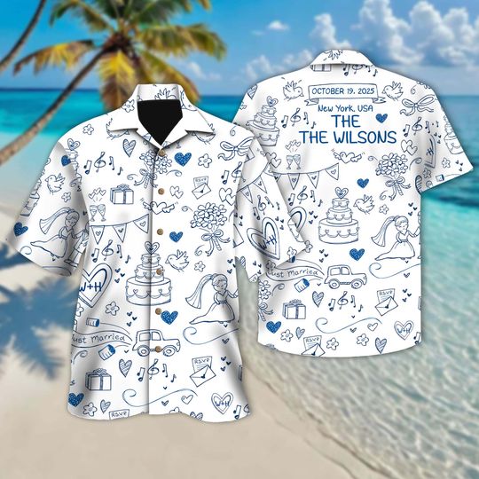 Wedding Couple Hawaiian Shirt, Personalized Bridal Gift With Names Date Location