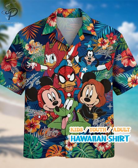Discover Mickey Mouse Hawaiian Shirt, Minnie Daisy Duck Goofy Pluto Spiderman Aloha Shirt, Disney Superhero Tropical Shirt, Family Vacation Shirt