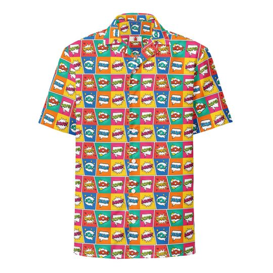 Discover Comic Book Sound Onomatopoeia Pattern, Adult Unisex All-Over Relaxed Fit Button Up Hawaiian Shirt, Recycled Polyester, UPF50 Plus Protection