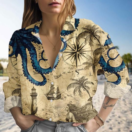 Discover Princess Mermaid Blouse Shirt, Octopus Women Shirt, Octopus Casual Shirt, Ocean Life Summer Shirt, Gift For Her