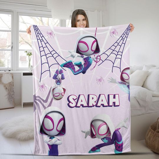 Personalized Spider Gwen Name Blanket, Spidey & His Amazing Friends Throw, Cartoon Superhero Sherpa or Velveteen Blanket for Birthday