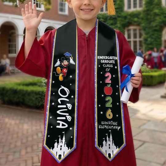 Discover Mickey Mouse Graduation Stole 2026, Black Gold Disney Kindergarten Sash, Personalized Preschool Grad Stole, Custom Name Gift