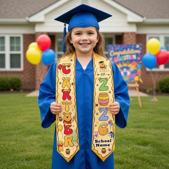 Personalized Winnie the Pooh Graduation Stole Class of 2026, Custom Kids Honey Bear Graduation Sash, Disney Preschool Kindergarten Grad Gift