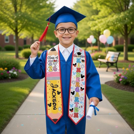 Mickey Mouse Disney Preschool Grad Stole, Personalized Name Kindergarten Sash, Disney Graduation Stole , Class of 2026 Boy Grad Keepsake