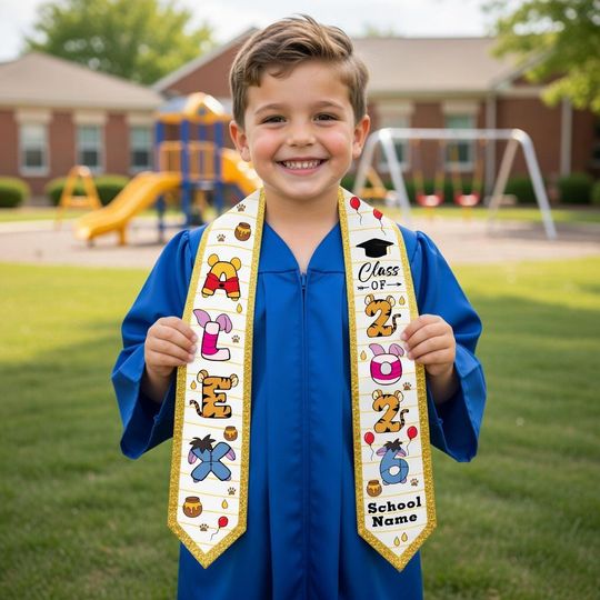 Personalized Winnie the Pooh Graduation Stole Class of 2026, Custom Kids Honey Bear Graduation Sash, Disney Preschool Kindergarten Grad Gift