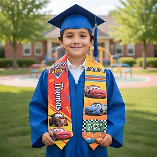 Disney Cars Kids Graduation Stole, Personalized Name Kindergarten Stole Class of 2026, Lightning McQueen Mater Preschool Grad Sash