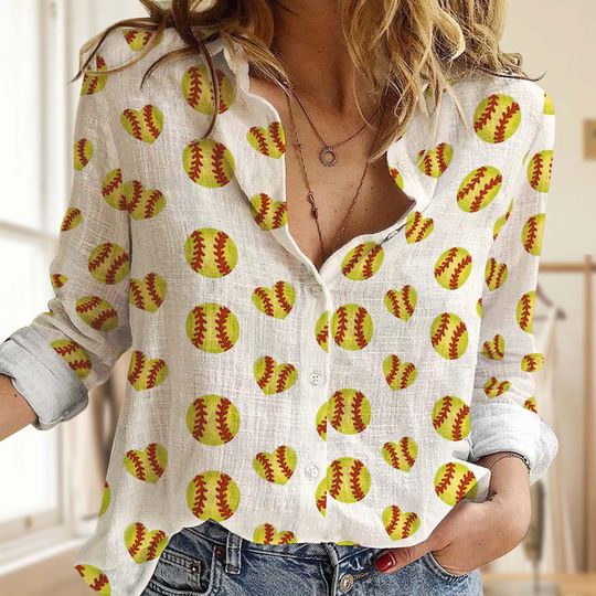 Discover Softball Pattern Women Blouse Shirt, Softball Mom Button Down T-shirt, Mother's Day Gift