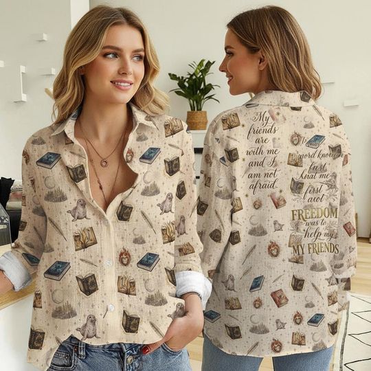 Discover Fantasy Book Lover Women's Button Shirt, Magical Reader Blouse, Quote Print