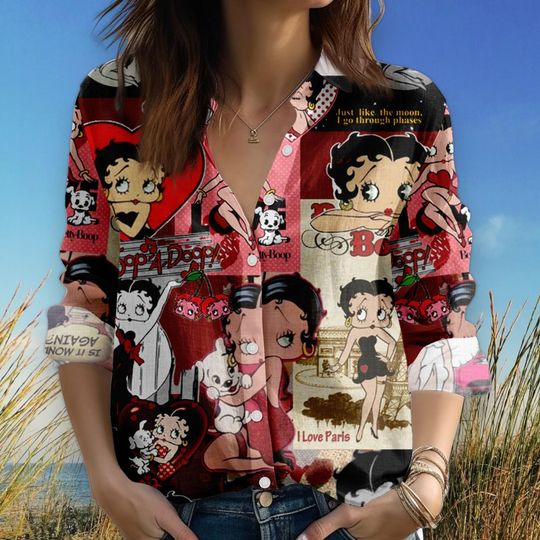 Discover Betty Blouse Shirt, Long Sleeve Collared Shirt, Cartoon Print Button Down Shirt, Womens Casual Top, Gift for Betty Fan