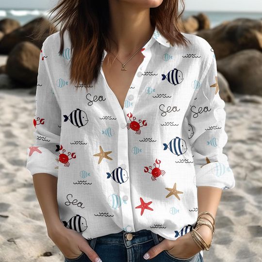 Discover Women's Linen Look Shirt, Cute Ocean Sea Creatures Print Blouse, Fish Crab Starfish Button Down Top, Sea Animals Beach Casual Shirt