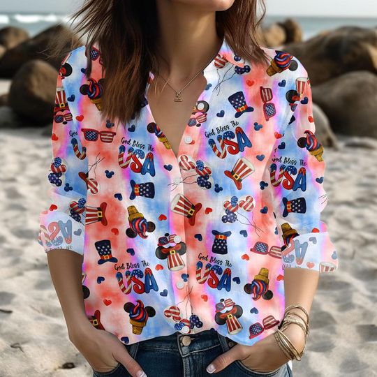 Discover USA Linen-Look Shirt, America Flag Blouse Shirt For Women, Patriotic Red White Blue Button Up Shirt, God Bless The USA Casual Shirt