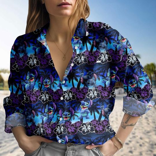 Discover Stitch Tropical Blouse Shirt, Lilo & Stitch Palm Floral Button Down, Disney Aloha Summer Top Gift for Her