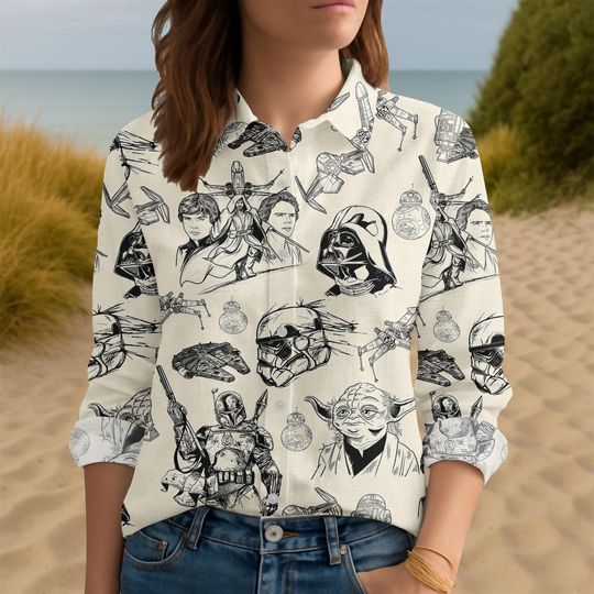 Discover Star Wars Women's Button Down Shirt, Vintage Disney Sketch Style Blouse, Darth Vader Boba Fett Top, Galactic Magic Park Gear