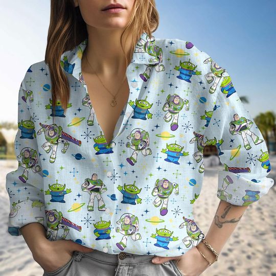 Discover Disney Toy Story Casual Shirt, Little Green Aliens Linen Shirt Women, Buzz Lightyear Women Blouses, Disneyland Character Long Sleeve Sh
