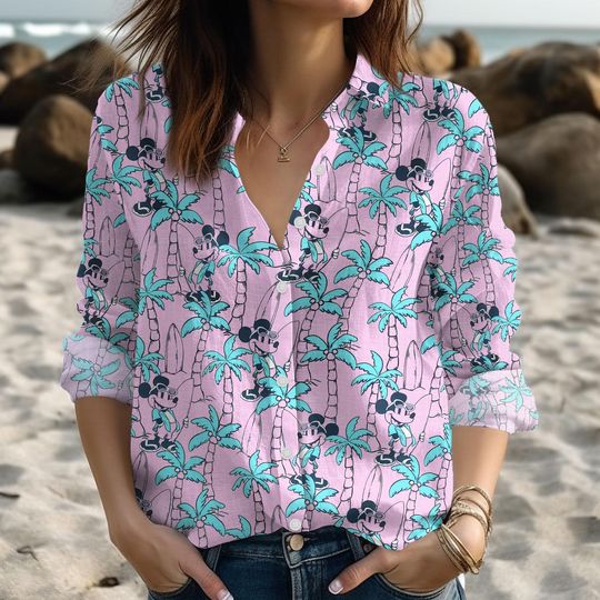 Discover Disney Mickey Palm Tree Blouse Shirt, Mickey Surfing Tropical Print Button Down Top, Matching Family Cruise Outfits, Aloha Holiday Shir