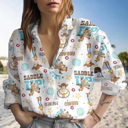 Discover Disney Toy Story Casual Shirt, Woody Cowboy Linen Shirt Women, Buzz Lightyear Women Blouses, Disneyland Character Long Sleeve Shirt