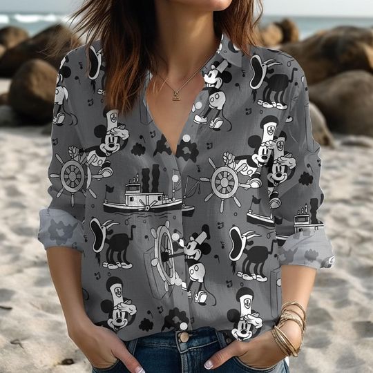 Discover Disney Steamboat Willie Mickey Button Shirt, Vintage Black and White Mickey Sailor Shirt, Disneyworld Mickey Outfit For Women