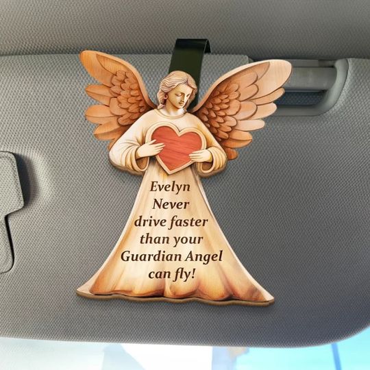 Never Drive Faster Than Your Guardian Angel Can Fly - Family Personalized Custom Car Visor Clip - Gift For Daughter, Son