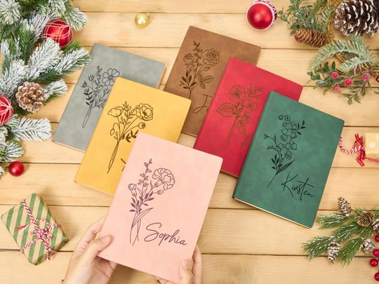 Personalized Birthflower Journal Mother's Day Gifts for Her Leather Journal Notebook with Name Gift for Mom Teacher Gift Birthday Gift