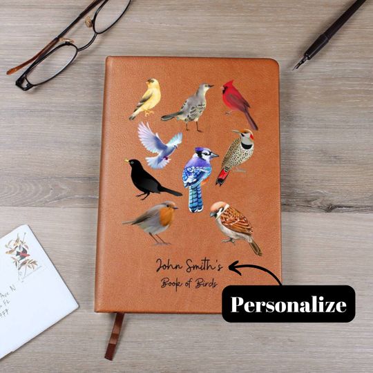 Personalized Bird Watcher Leather Journal, Book of Birds Customized Notebook, Note Keeping Personalized Journal for Women and Men Gifts