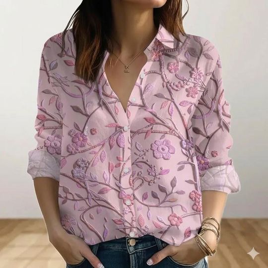 Discover Boho Purple Floral Blouse, Retro Flower Linen Look Shirt, Gardening Long Sleeve Top, Vintage Botanical Women Blouse, Garden Gift for Her