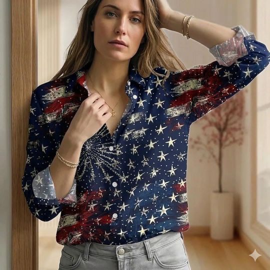 Discover Women's 4th of July Shirt, USA Flag Firework Blouse, Patriotic Linen Look Top, Vintage Independence Day Outfit, Red White Blue Summer Gift
