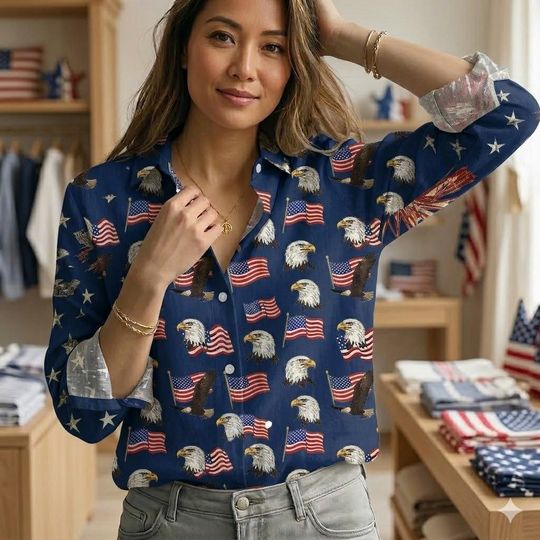 Discover American Retro USA Blouse, Red White Blue Button Shirt, Independence Day Women Top, Patriotic 4th of July Outfit, Vintage American Flag Gift
