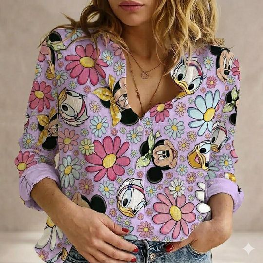 Discover Mickey And Friends Floral Blouse, Disney Flower Button Up Shirt, Mickey Minnie Donald Daisy Goofy Pluto Women Top, Magical Vacation Gift