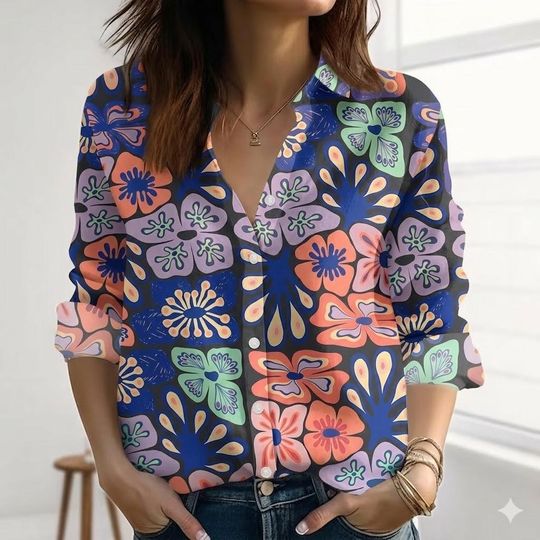 Discover Retro 70s Floral Blouse, Pink Orange Brown Flower Shirt, Groovy Linen Look Top, Vintage Boho Button Up, Hippie Style Fall Women Blouse