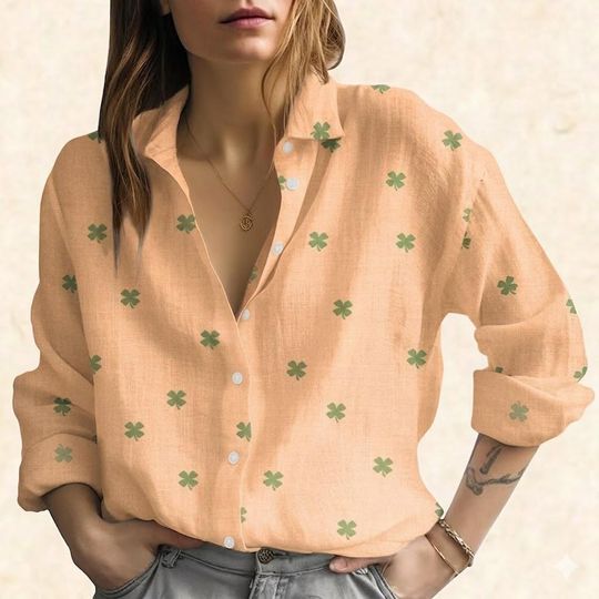 Discover Lucky Four Leaf Clover Blouse, Minimalist Green Leaf Shirt, Simple St Patricks Day Women Top, Casual Summer Button Up, Lucky Gift for Her