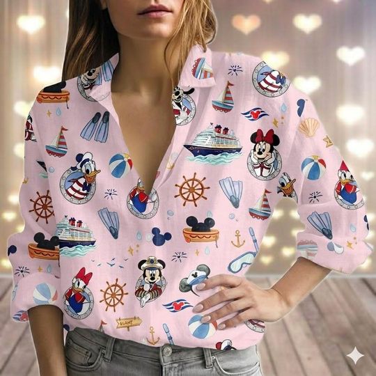 Discover Mickey Mouse Cruise Linen Look Shirt, Disney Family Vacation 2026 Blouse, Mickey and Friends Nautical Women Top, Disney Wish Cruise Gift