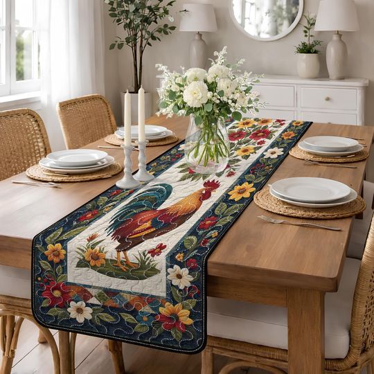 Colorful Rooster Quilted Table Runner, Vibrant Farmhouse Kitchen Decor, Floral Patchwork Quilt Table Runner, Country Living Dining Decor