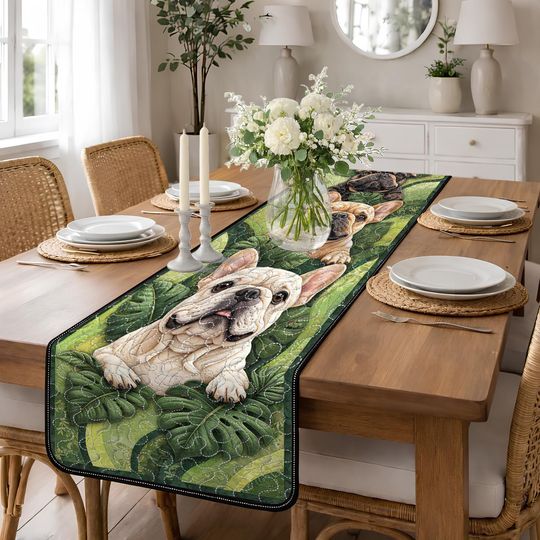 French Bulldog Quilted Table Runner, Tropical Monstera Leaf Decor, Dog Lover Gift Patchwork Quilt Table Runner, Puppy Theme Dining Decor