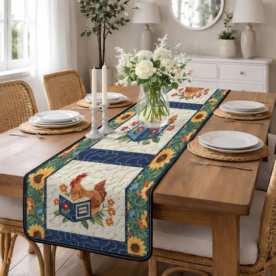 Farmhouse Rooster Quilted Table Runner, Sunflower Country Kitchen Decor, Navy Blue Patchwork Quilt Table Runner, Rustic Hen Dining Decor