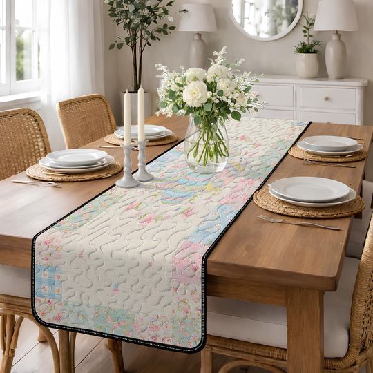 Pastel Patchwork Quilted Table Runner, Floral Plaid Dining Decor, Shabby Chic Country Table Runner, Soft Blue Pink Quilt Runner for Home