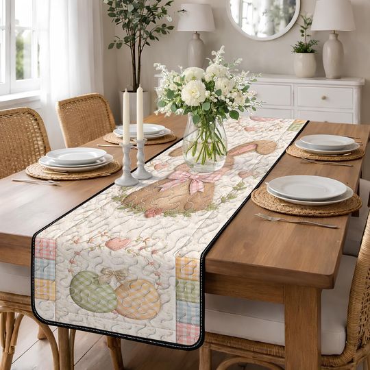 Large Bunny Bow Quilted Table Runner, Gingham Egg Easter Decor, Neutral Beige and Pastel Spring Runner, Farmhouse Rabbit Table Decoration