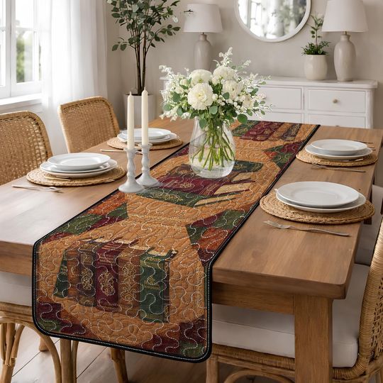 Ornate Vintage Book Quilted Table Runner, Deep Red and Green Table Decor, Classic Literature Home Decor, Rich Jewel Tone Quilt Table Runner