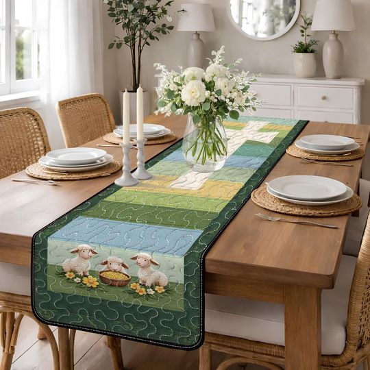 Spring Lambs Quilted Table Runner, Christian Cross Religious Decor, Easter Farmhouse Patchwork Quilt Table Runner, Sheep Meadow Decor