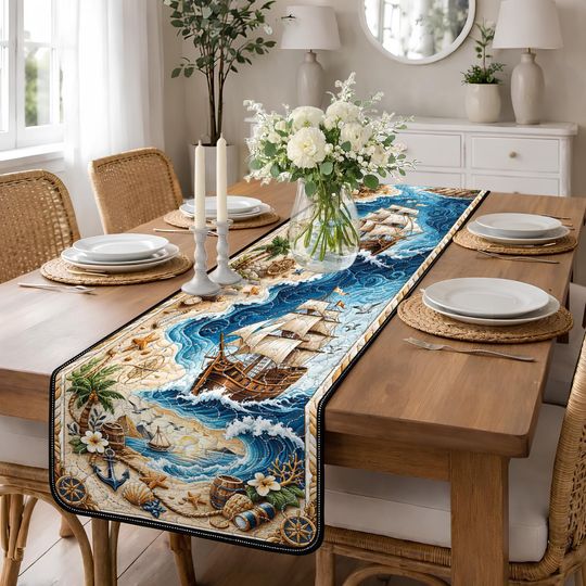 Nautical Sailing Ship Quilted Table Runner, Tropical Beach House Decor, Ocean Voyage Patchwork Quilt Table Runner, Coastal Dining Decor