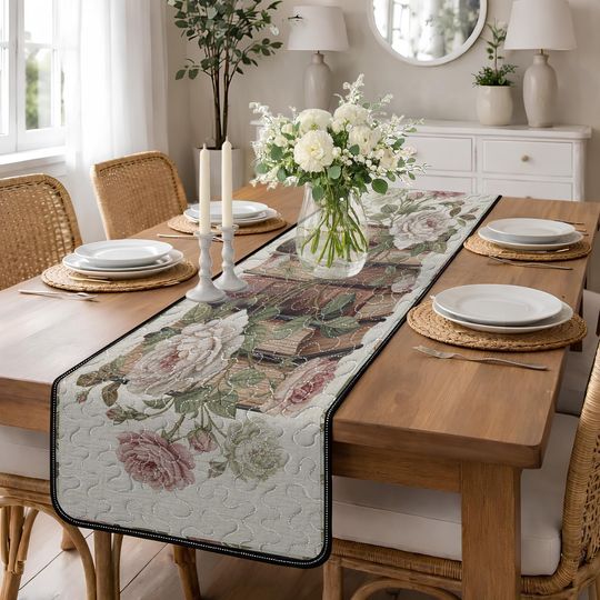 Antique Rose Quilted Table Runner, Floral Bookshelf Table Decor, Shabby Chic Garden Home Decor, Vintage Flower Patchwork Quilt Table Runner