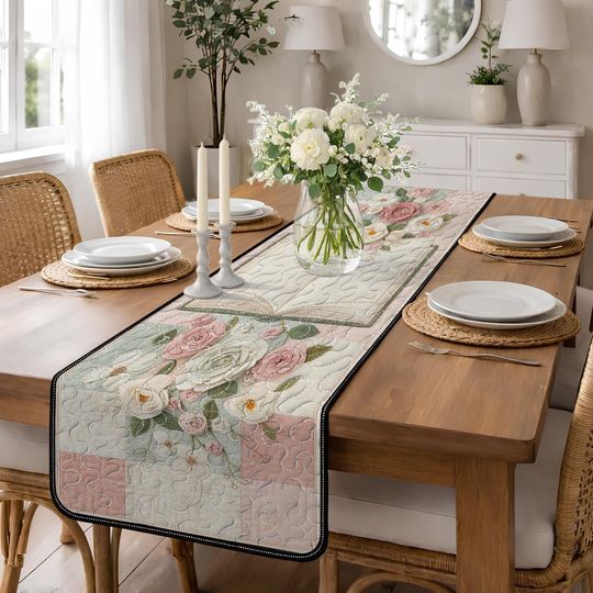 Pastel Floral Quilted Table Runner, Open Book Garden Table Decor, Soft Pink Rose Home Accents, Romantic Patchwork Quilt Table Runner