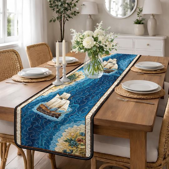 Vintage Sailing Ship Quilted Table Runner, Blue Ocean Nautical Decor, Coastal Lighthouse Patchwork Quilt Table Runner, Sea Theme Decor